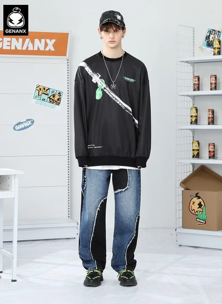 Asymmetric Color Block Patchwork Denim Jeans