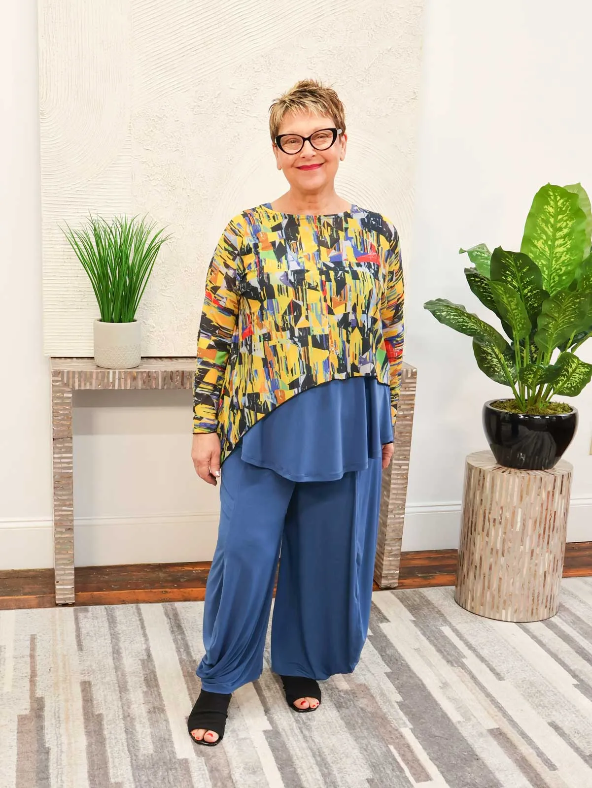 Asymmetric Printed Mesh Topper, Mustard