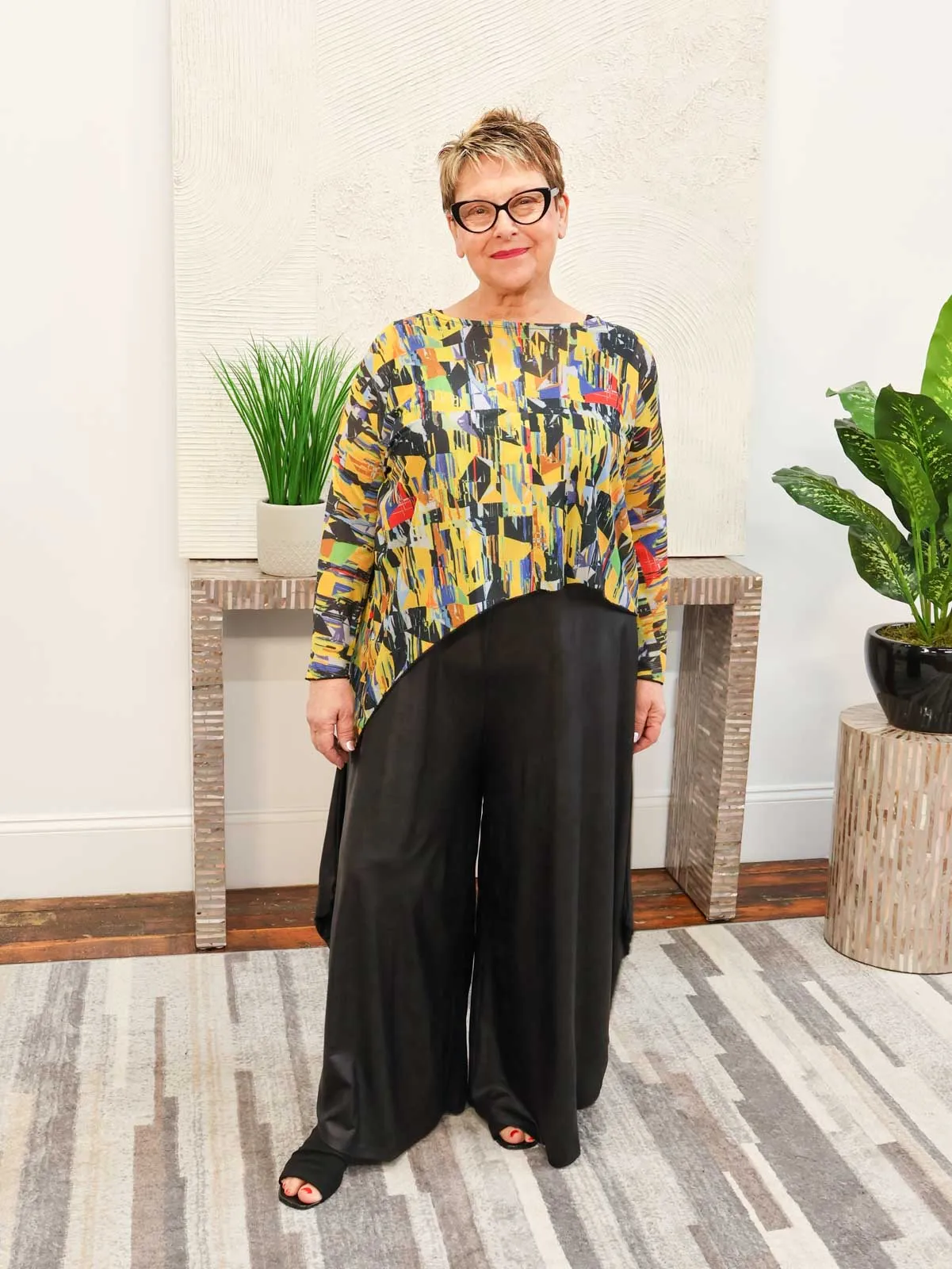Asymmetric Printed Mesh Topper, Mustard