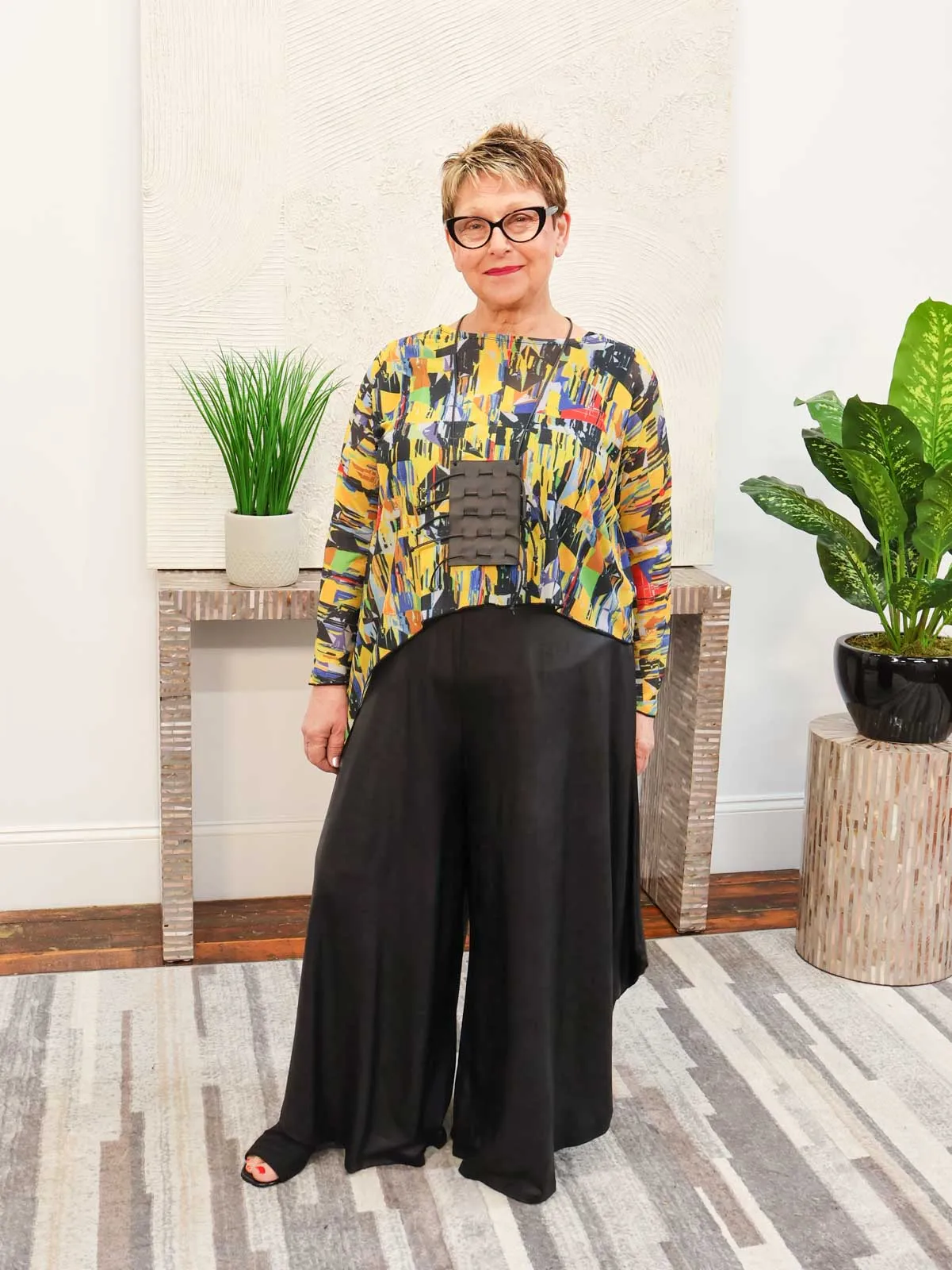 Asymmetric Printed Mesh Topper, Mustard