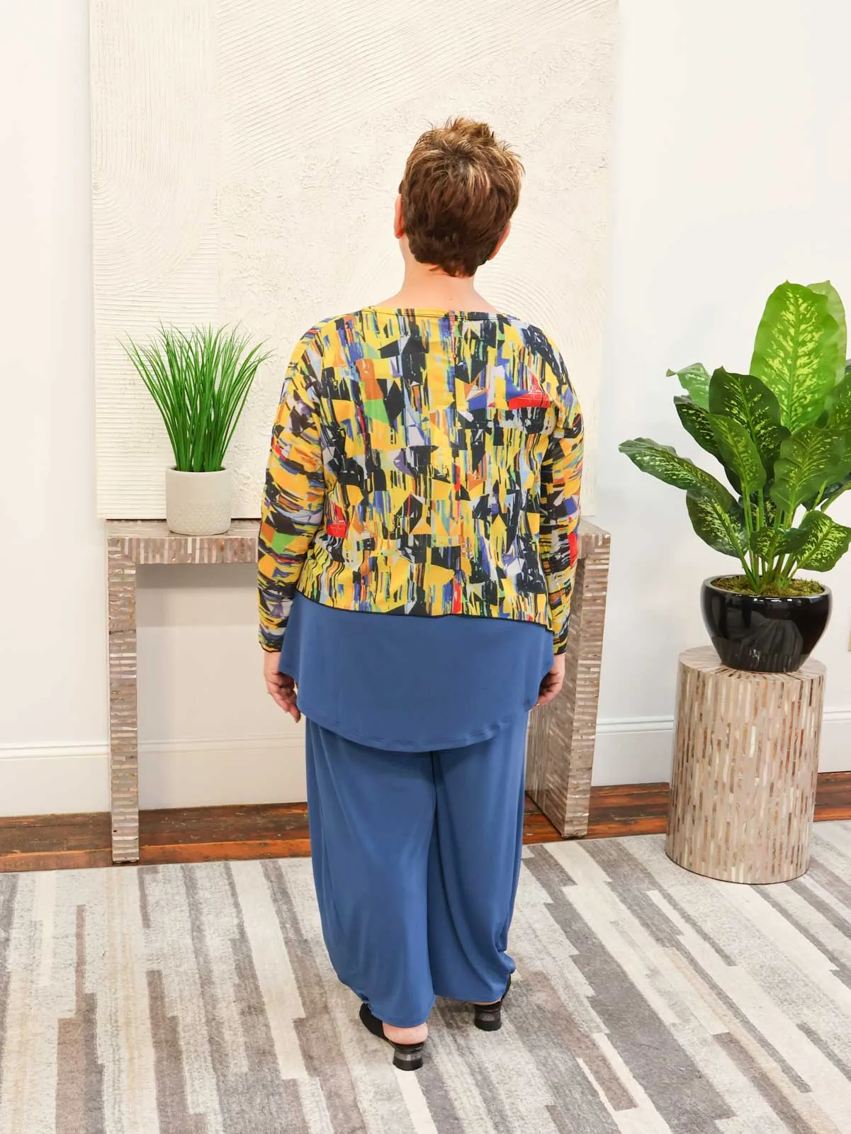 Asymmetric Printed Mesh Topper, Mustard