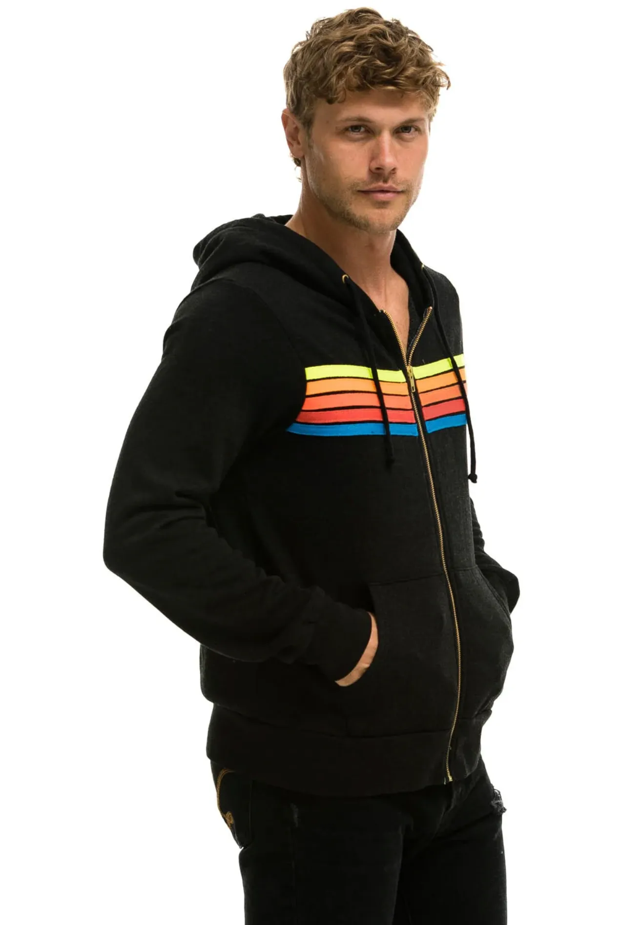 Aviator Nation 5 Stripe Zip Unisex Hoodie in BLACK // NEON RAINBOW