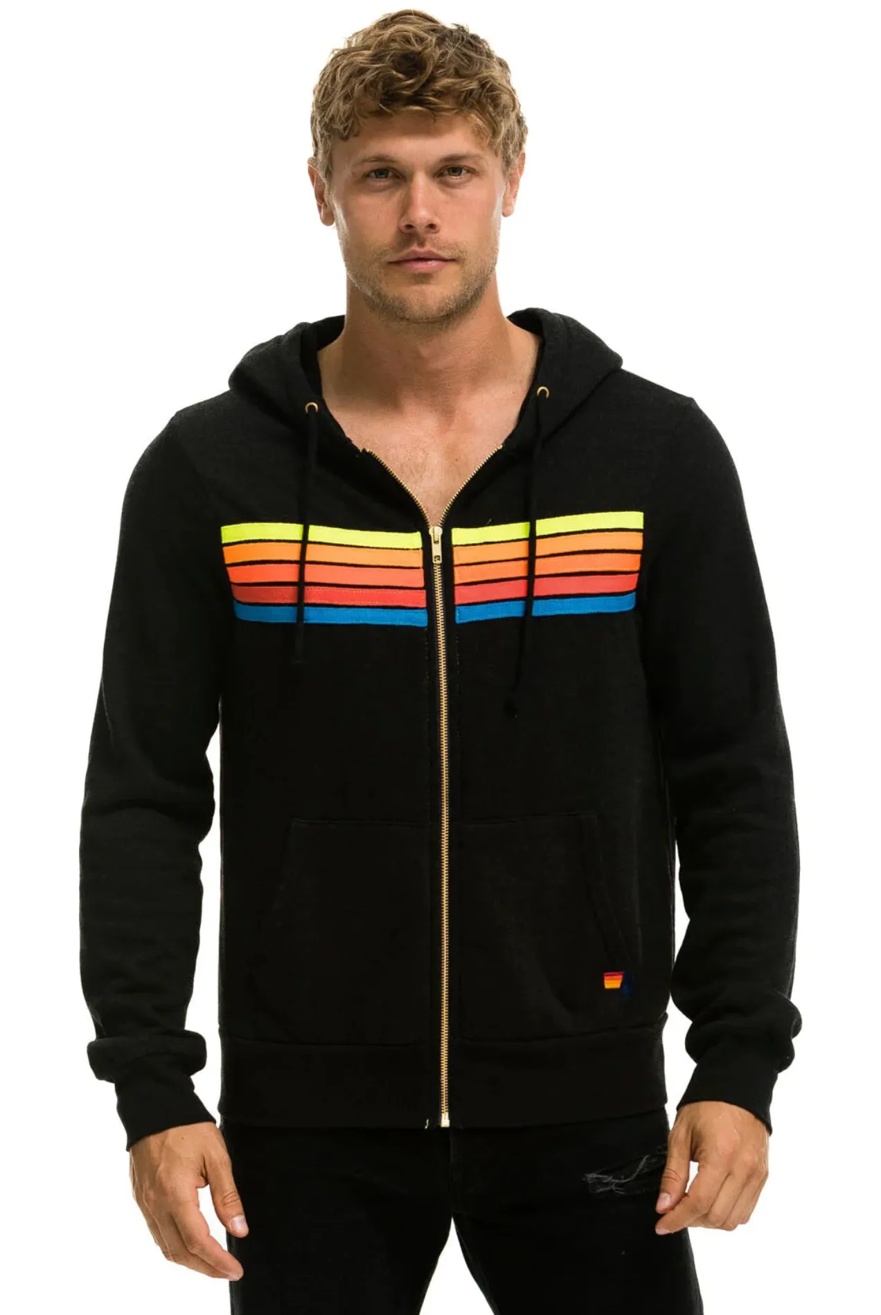 Aviator Nation 5 Stripe Zip Unisex Hoodie in BLACK // NEON RAINBOW