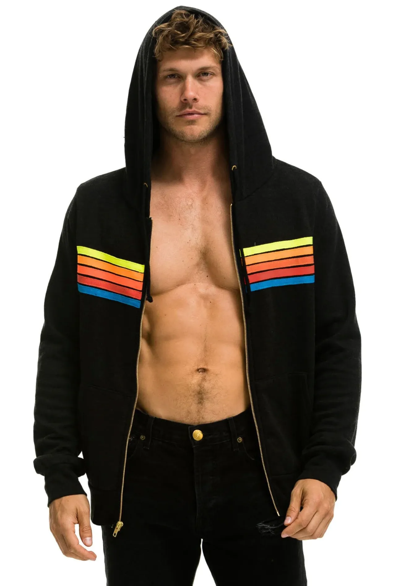 Aviator Nation 5 Stripe Zip Unisex Hoodie in BLACK // NEON RAINBOW