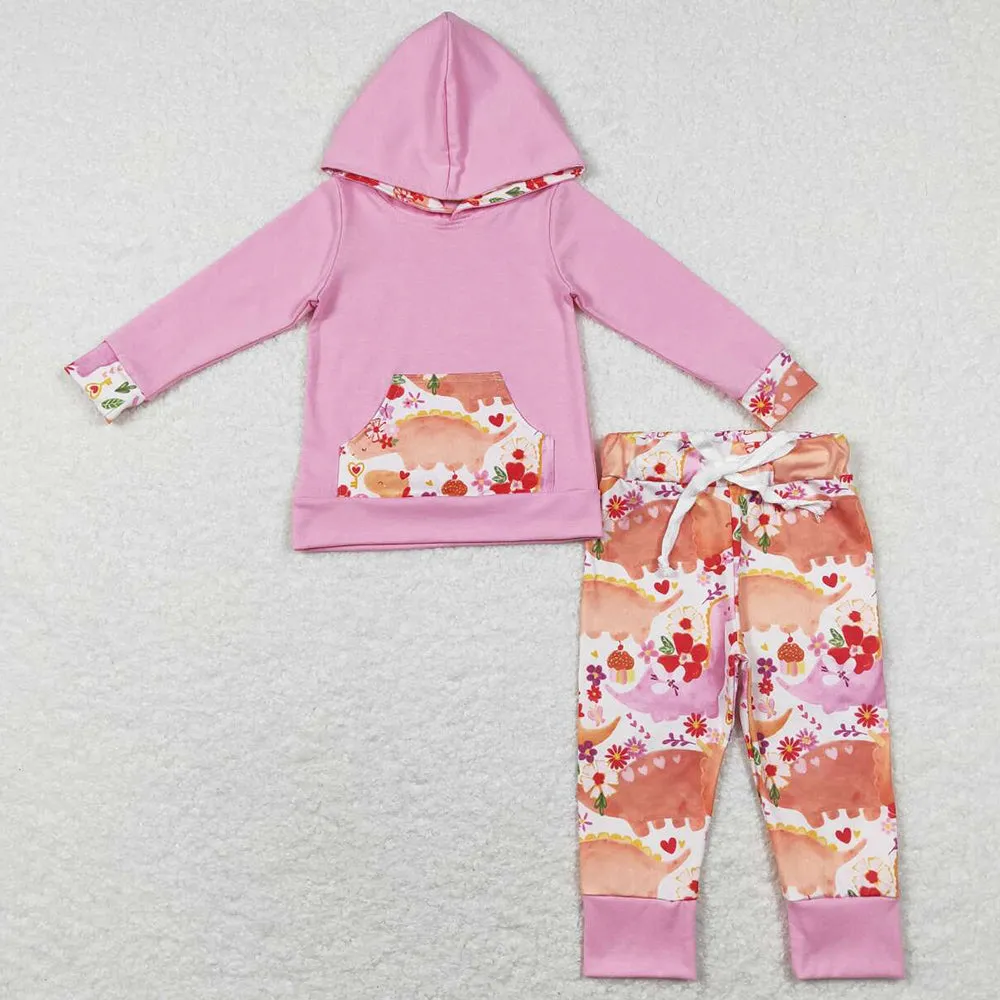 Baby Girls Clothes Hoodies Sets Pink Valentines Dinosaur Long Sleeve Hooded Outfits GLP0865