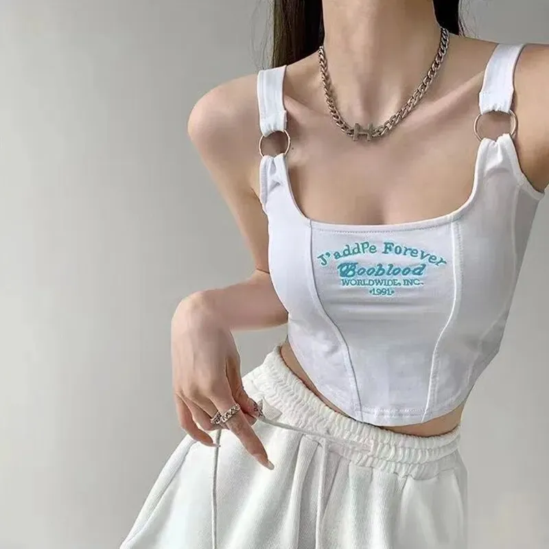 Chicmy T-shirts Short Tank Sexy Camis Summer Irregular Crop Tops Y2K Casual Camisole With Bra Pad Comfortable Cotton Clothes Accessory