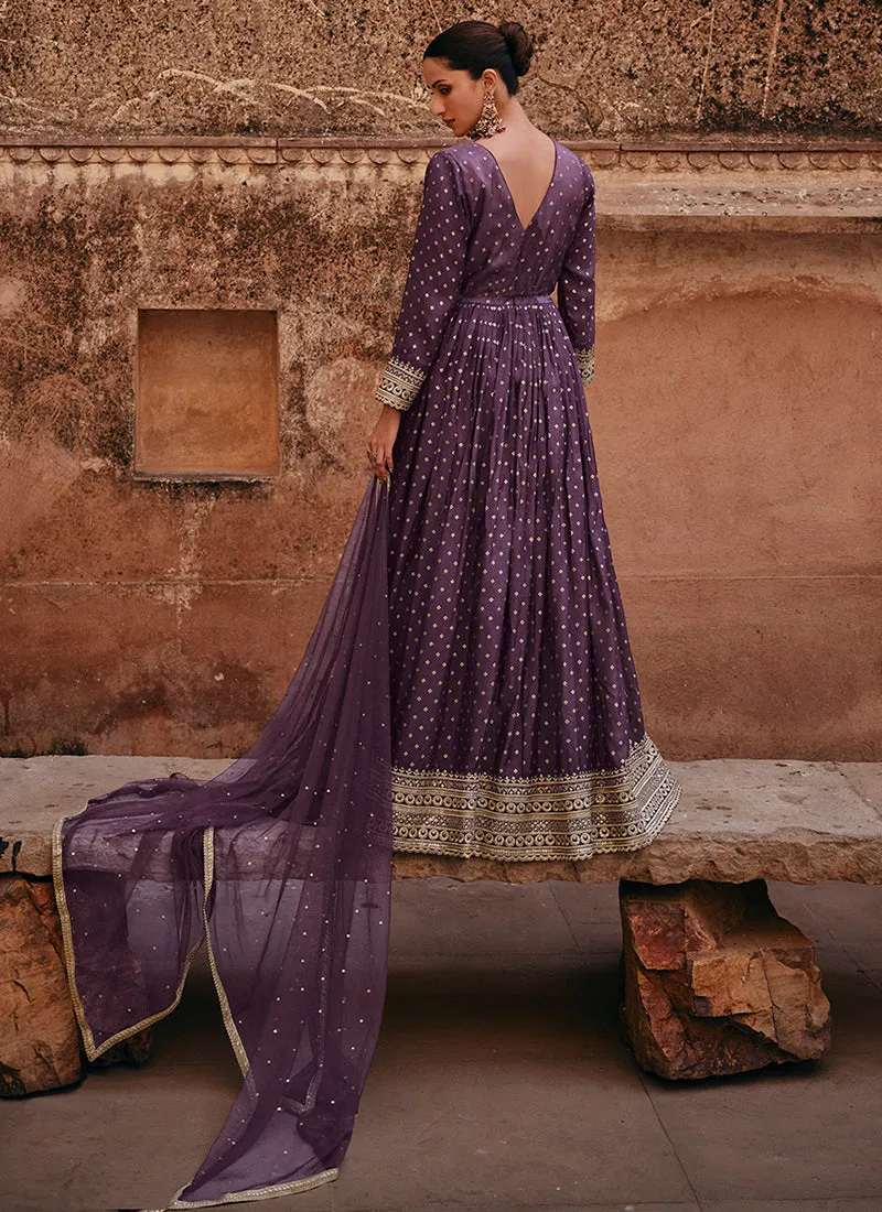Deep Purple Sequence Embroidery Jacquard Silk Anarkali Gown