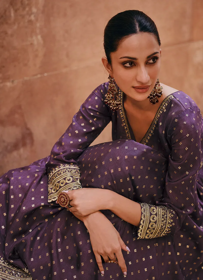 Deep Purple Sequence Embroidery Jacquard Silk Anarkali Gown