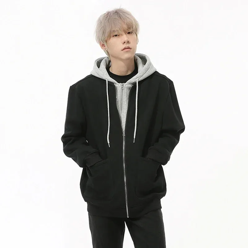 Fake Two-piece Men's Jackets Hooded Drawstring Casual Contrast Color Korean Style Loose Zipper Male Coats Fashion 9C9215
