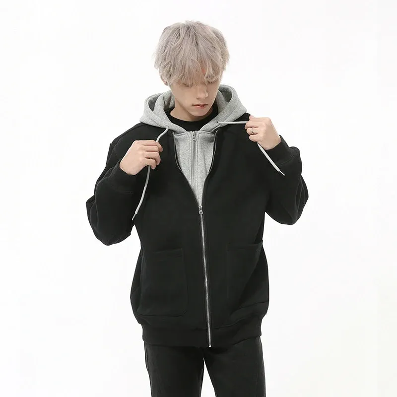Fake Two-piece Men's Jackets Hooded Drawstring Casual Contrast Color Korean Style Loose Zipper Male Coats Fashion 9C9215