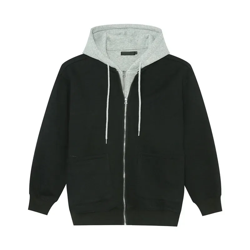 Fake Two-piece Men's Jackets Hooded Drawstring Casual Contrast Color Korean Style Loose Zipper Male Coats Fashion 9C9215