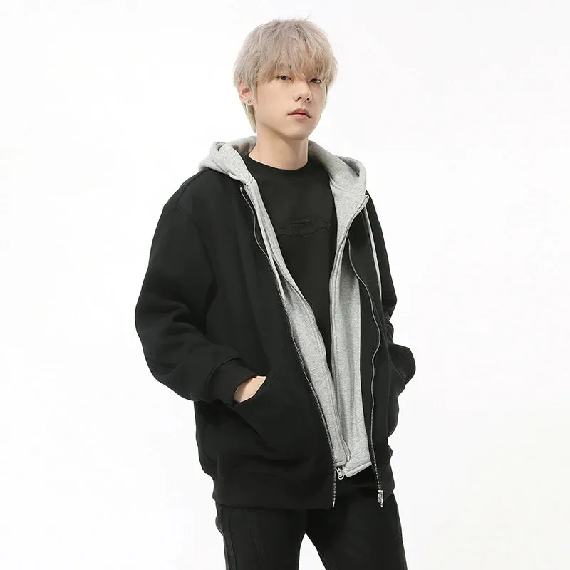 Fake Two-piece Men's Jackets Hooded Drawstring Casual Contrast Color Korean Style Loose Zipper Male Coats Fashion 9C9215