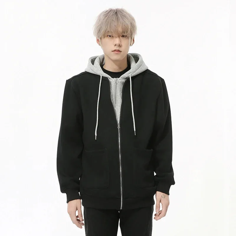 Fake Two-piece Men's Jackets Hooded Drawstring Casual Contrast Color Korean Style Loose Zipper Male Coats Fashion 9C9215