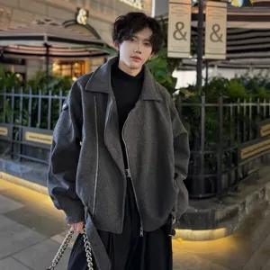 Fashion Men's Woolen Coats Turn-down Collar Hem Belt Design Solid Color Zipper Menswear Loose Thickened Jackets 9C9357