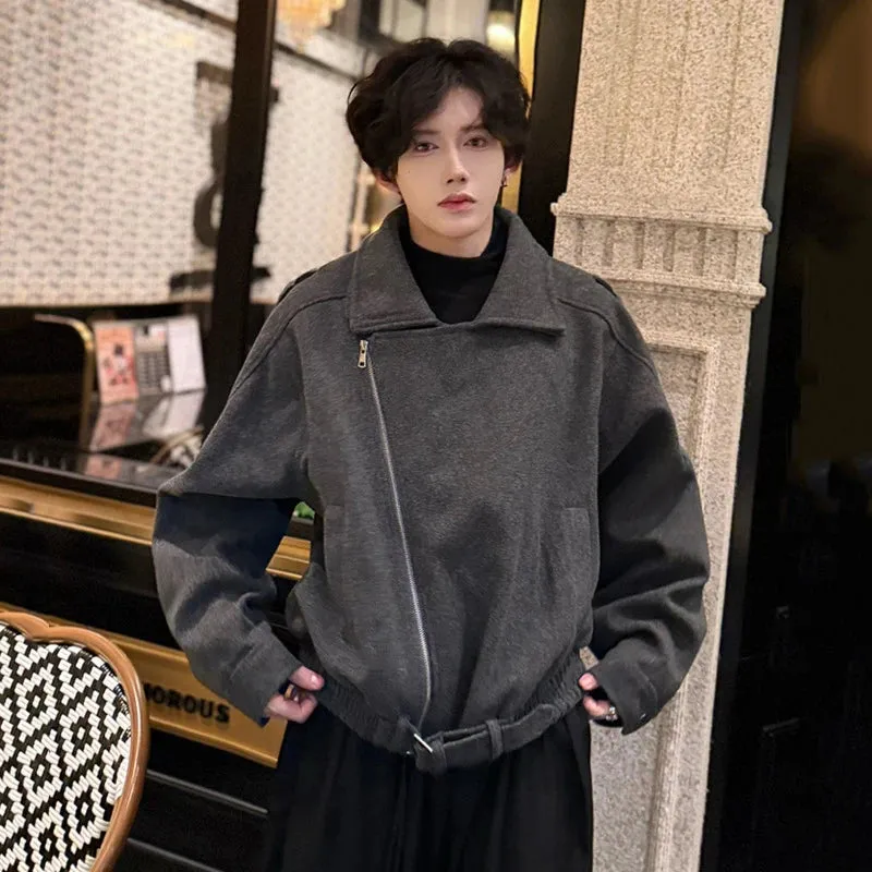 Fashion Men's Woolen Coats Turn-down Collar Hem Belt Design Solid Color Zipper Menswear Loose Thickened Jackets 9C9357