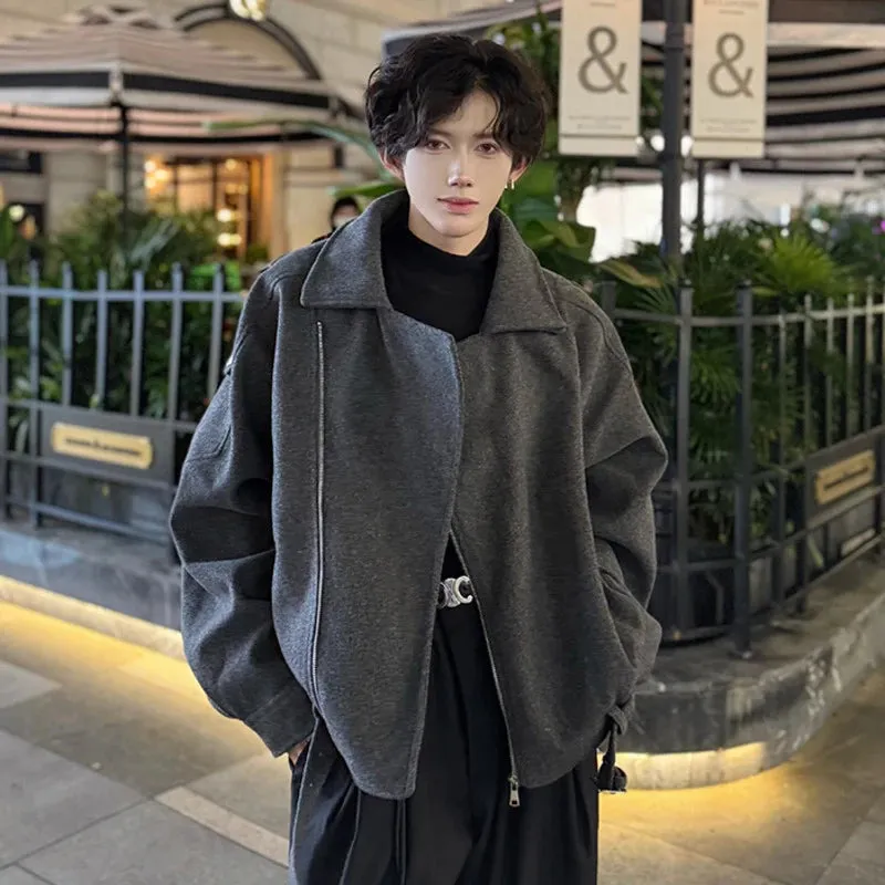Fashion Men's Woolen Coats Turn-down Collar Hem Belt Design Solid Color Zipper Menswear Loose Thickened Jackets 9C9357