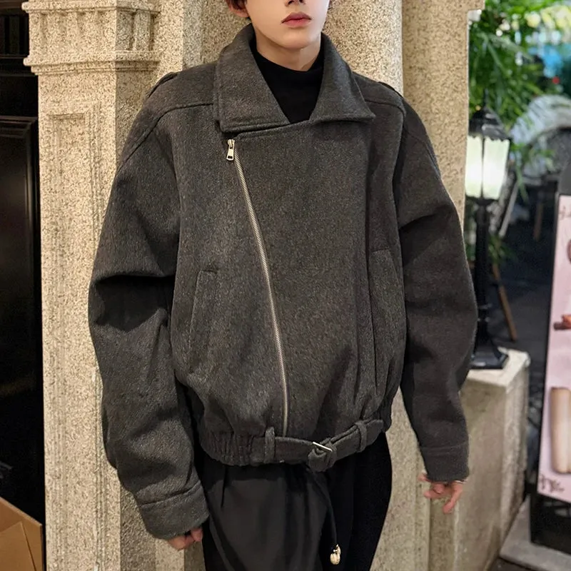 Fashion Men's Woolen Coats Turn-down Collar Hem Belt Design Solid Color Zipper Menswear Loose Thickened Jackets 9C9357