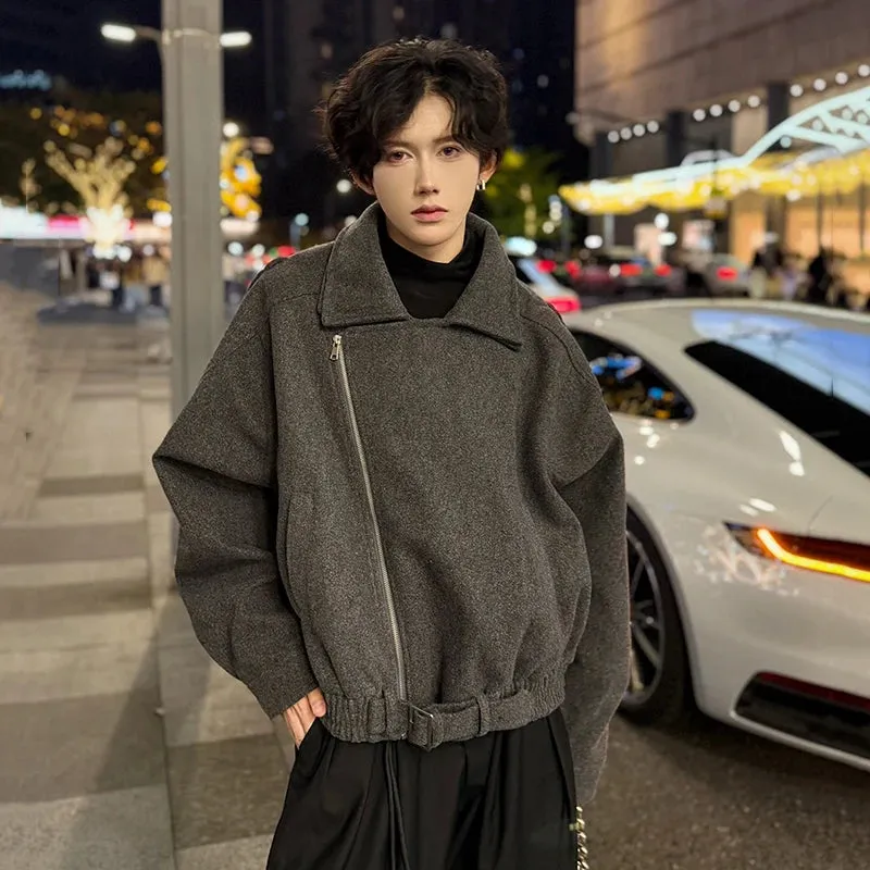 Fashion Men's Woolen Coats Turn-down Collar Hem Belt Design Solid Color Zipper Menswear Loose Thickened Jackets 9C9357