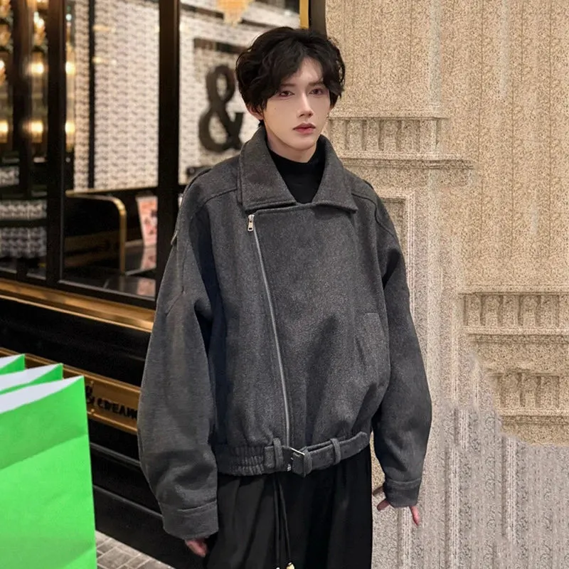 Fashion Men's Woolen Coats Turn-down Collar Hem Belt Design Solid Color Zipper Menswear Loose Thickened Jackets 9C9357