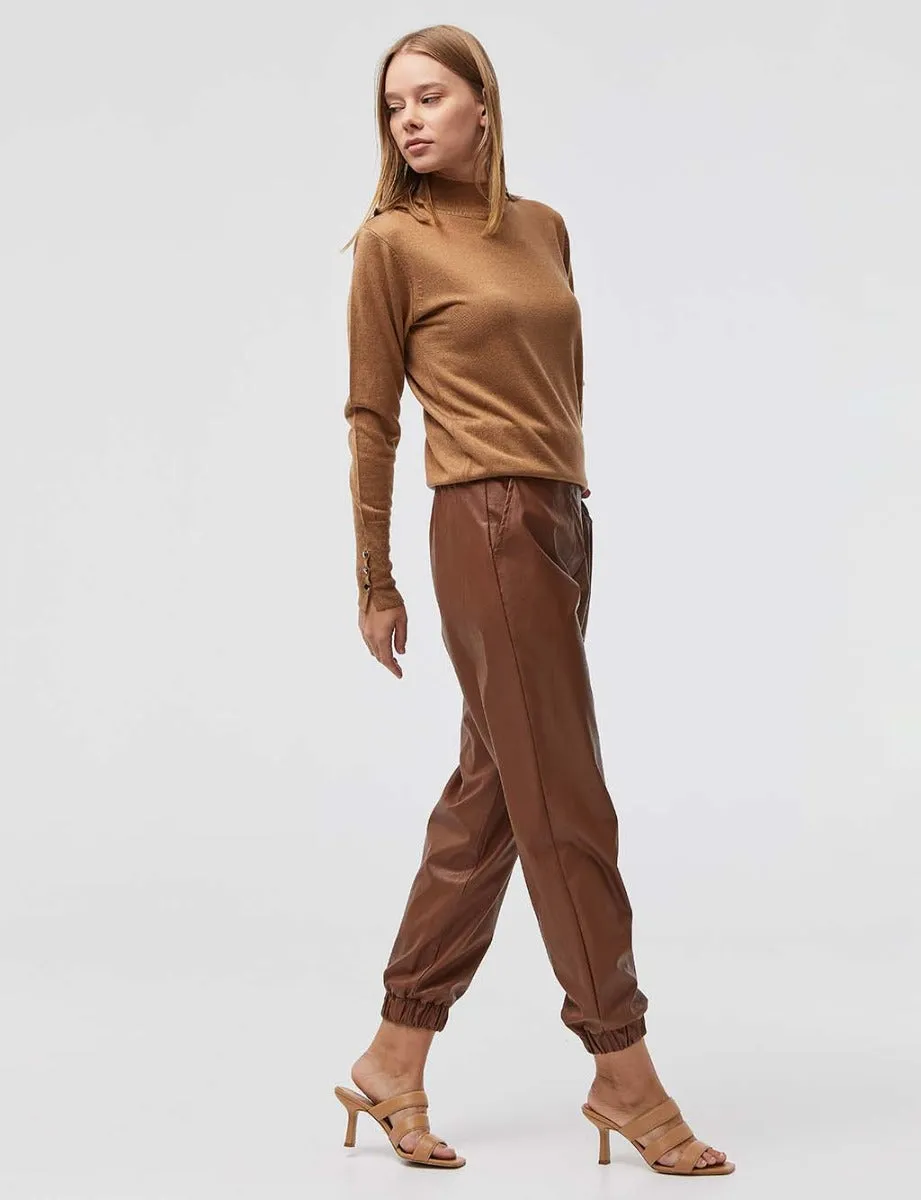 Faux Leather Jogger Pants Light Brown