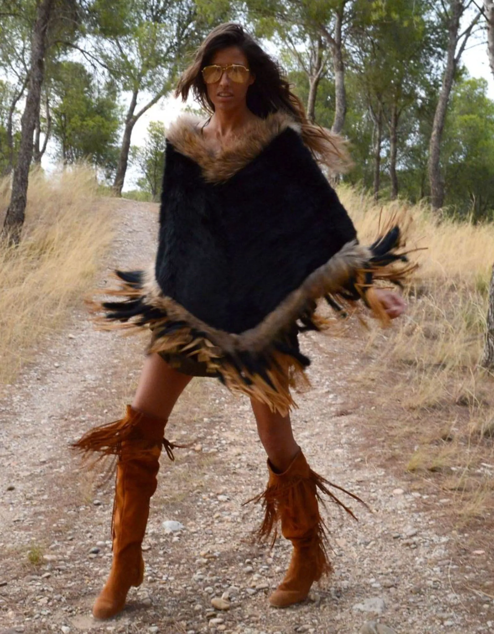 Fur Poncho with Tassels in Black
