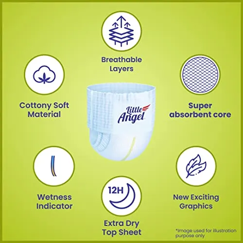 Little Angel Extra Dry Baby Pants Diaper, Extra Large (XL) Size, 56 Count, Super Absorbent Core Up to 12 Hrs. Protection, Soft Elastic Waist Grip & Wetness Indicator, Pack of 1, Over 12kg