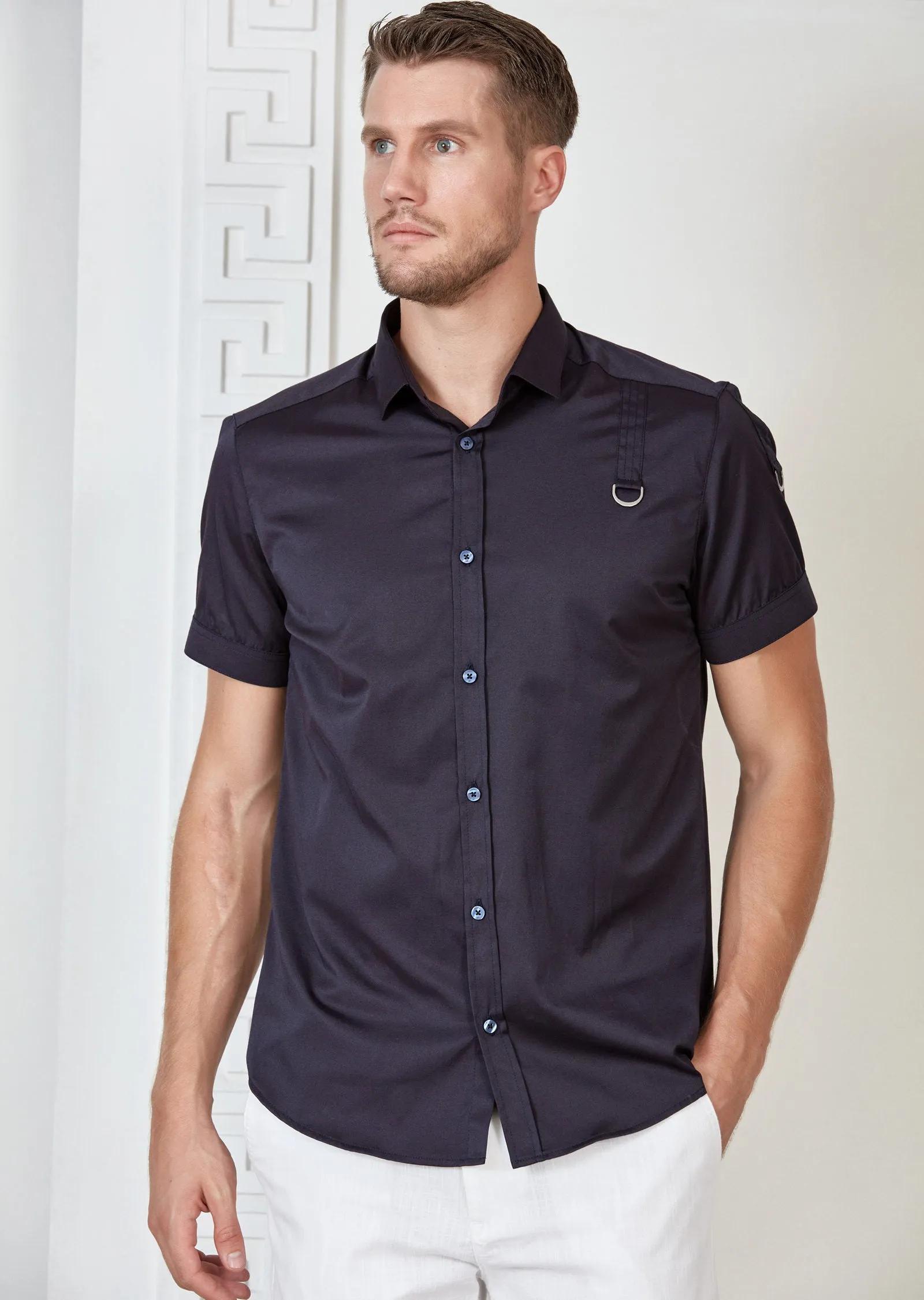 Navy Buckle Detailed Short Sleeve Shirt