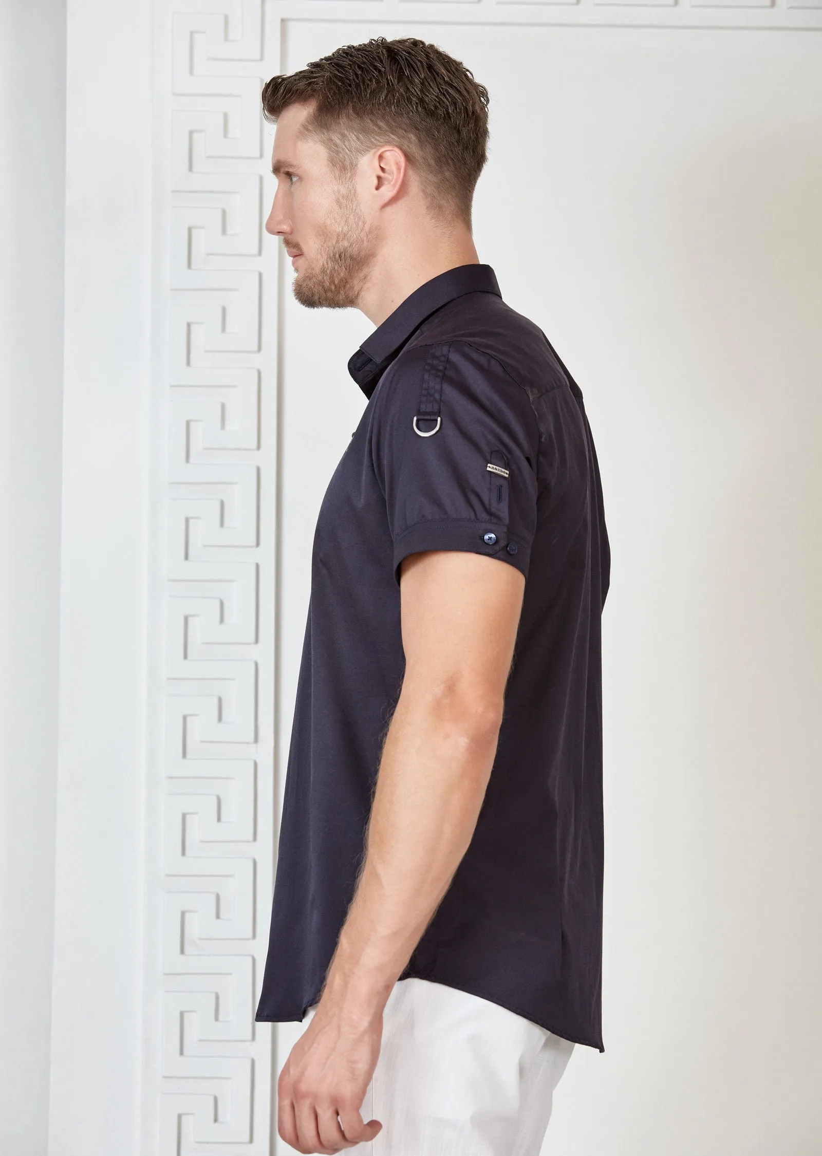 Navy Buckle Detailed Short Sleeve Shirt