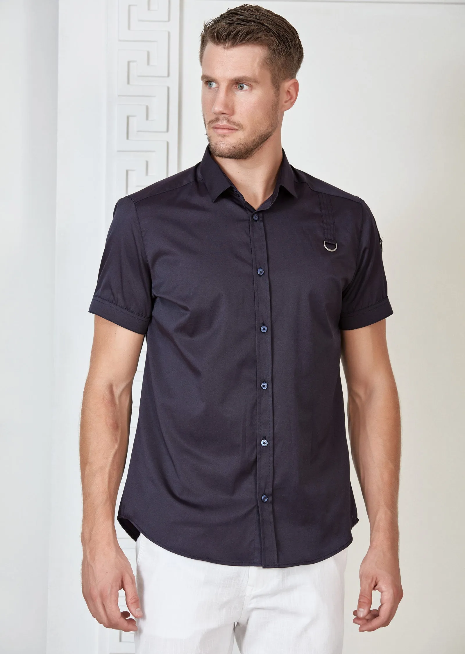 Navy Buckle Detailed Short Sleeve Shirt