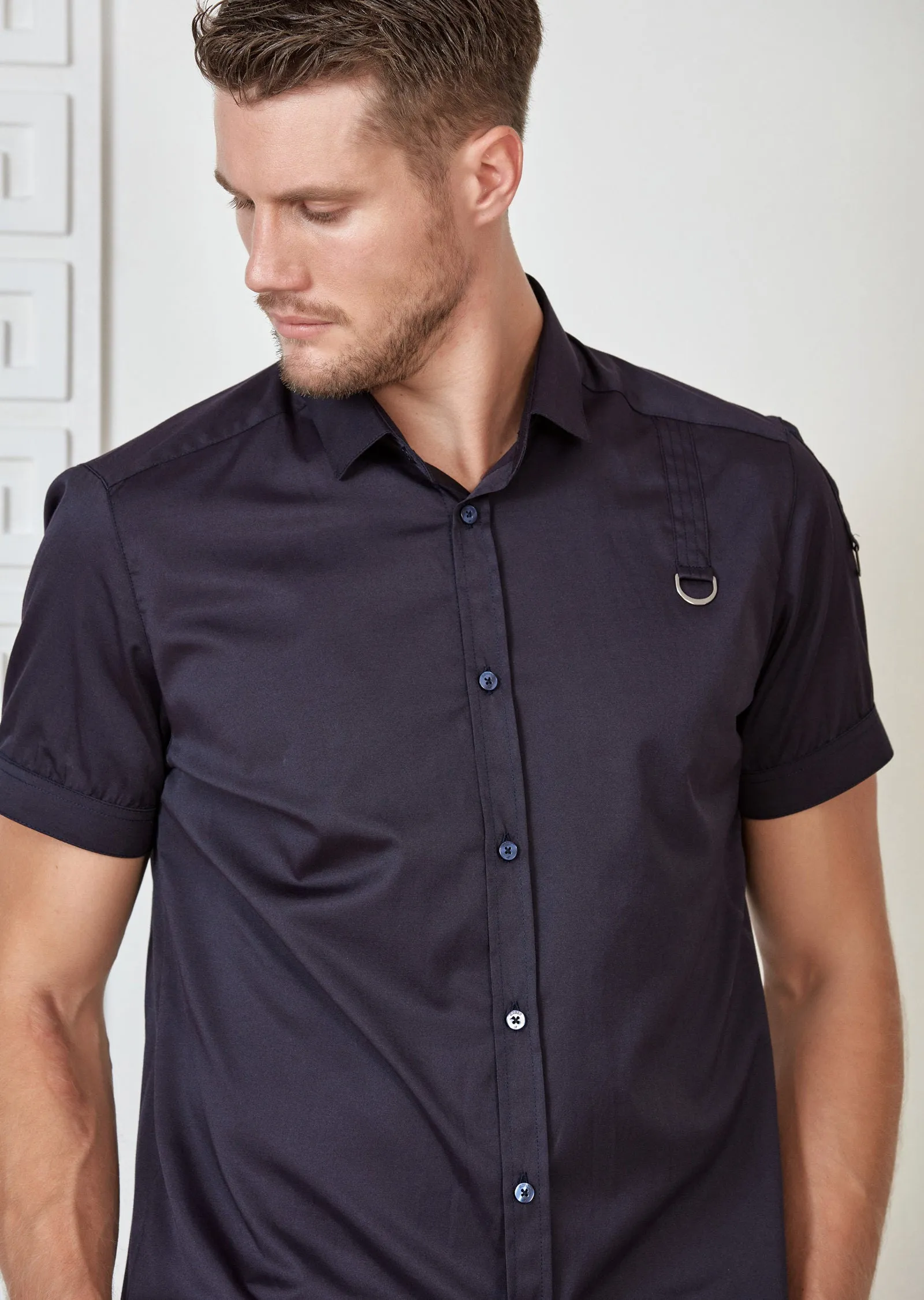 Navy Buckle Detailed Short Sleeve Shirt