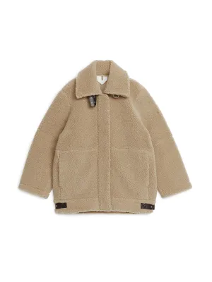 Oversized leather-trimmed pile jacket