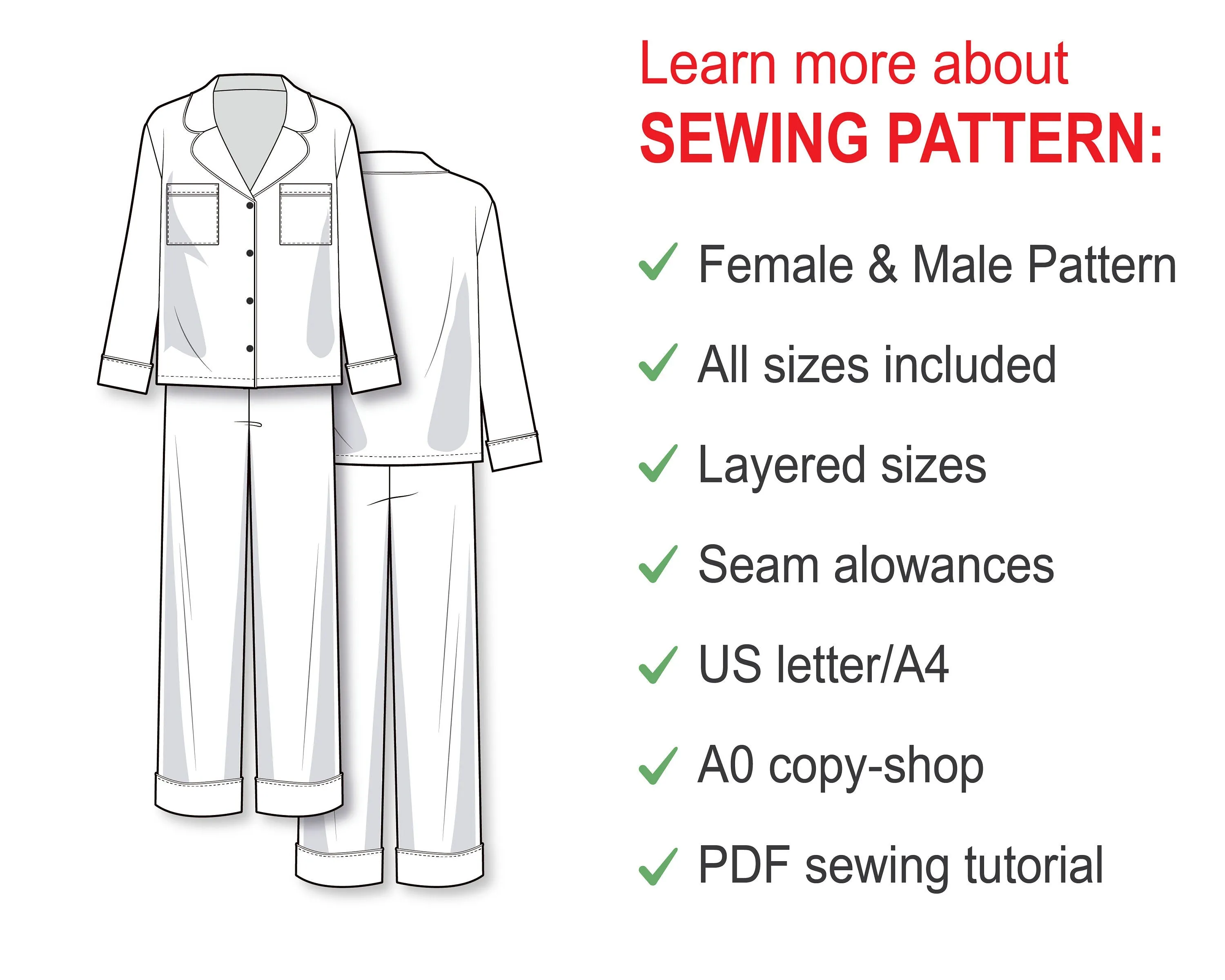 Pattern Sewing PDF Bundle - Pajama Set Sewing Patterns for Men and Women - Easy to Sew for Beginners PJ Pattern PDF - Sewing Tutorial