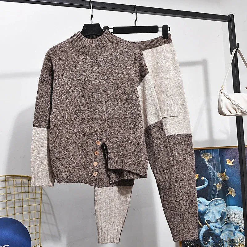 Pre Order:  Two-Tone Slit Sweater Pants Knitted Set