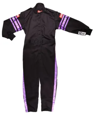 RaceQuip One Piece Single Layer Fire Suit - Black w/Purple Stripes -Kids 2XL - 1950597