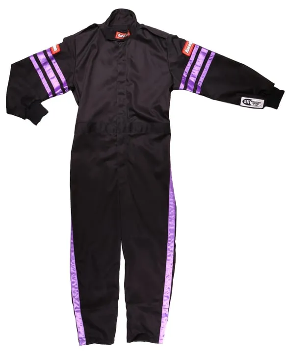 RaceQuip One Piece Single Layer Fire Suit - Black w/Purple Stripes -Kids 2XL - 1950597