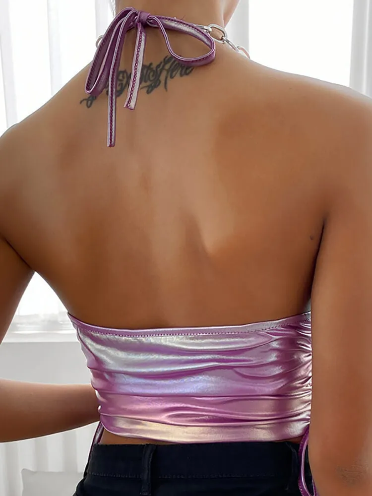 Sleeveless Halter Neck Drawstring Tops