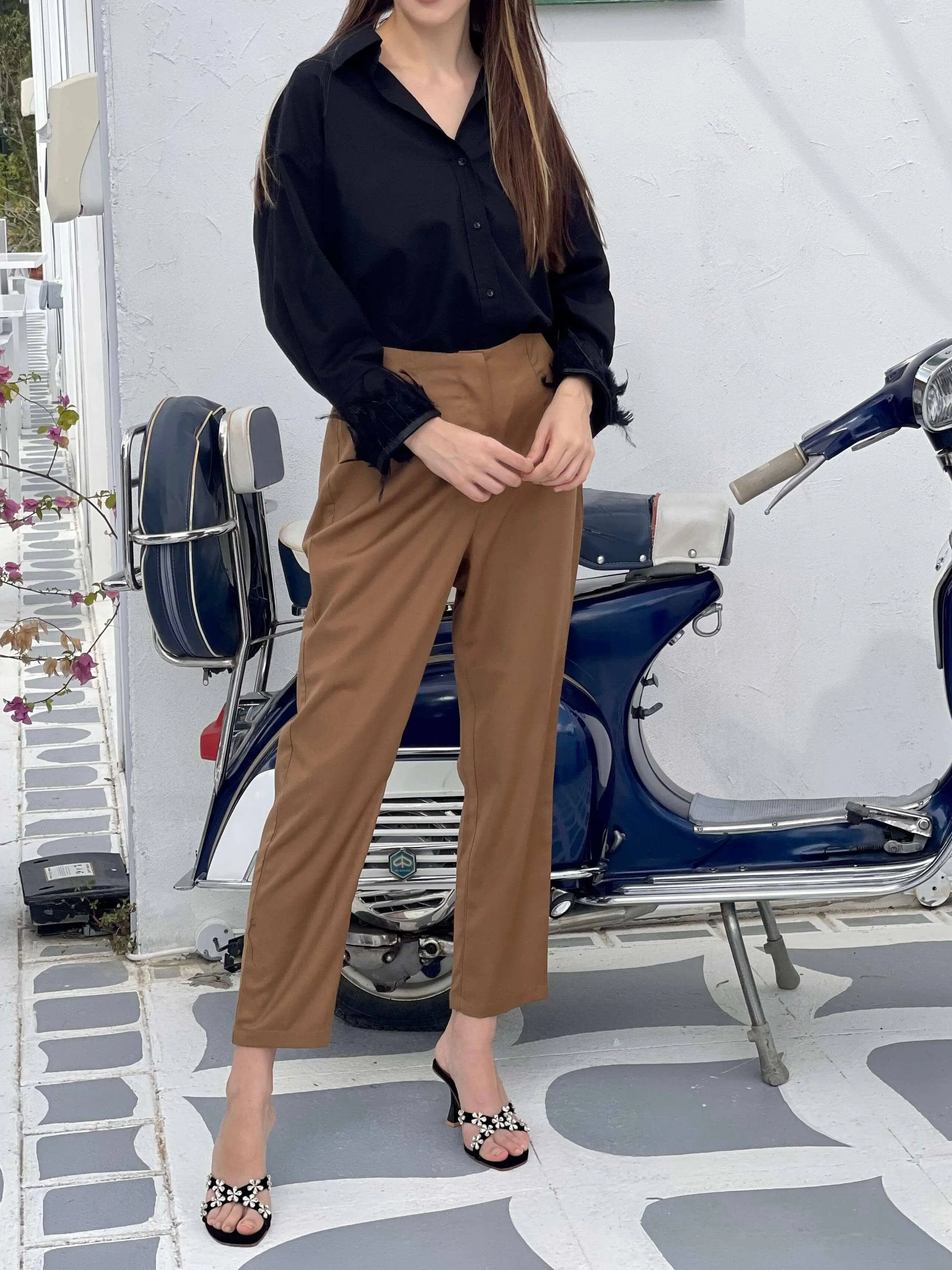 Solid Basic Pants In Coffee Brown