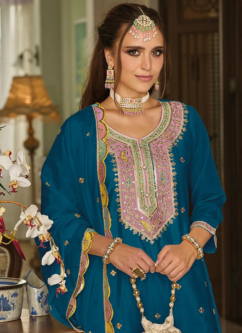 Turquoise Resham Thread Multi Embroidery Palazzo Suit