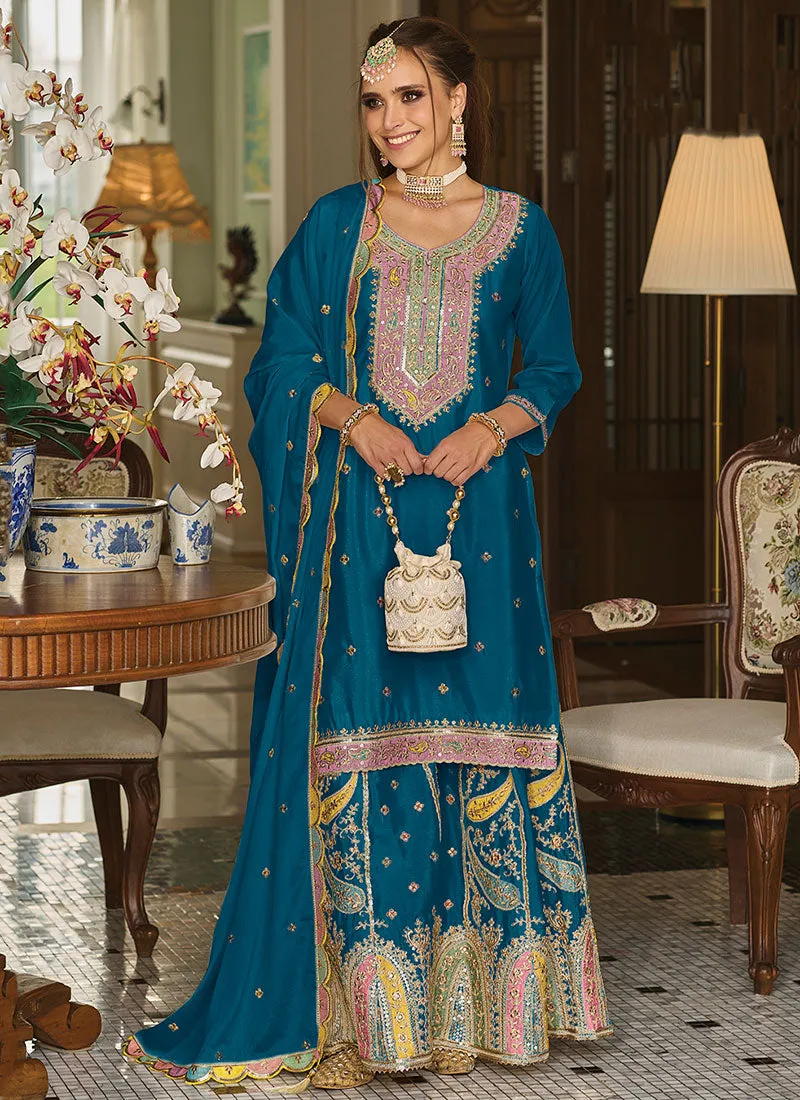Turquoise Resham Thread Multi Embroidery Palazzo Suit
