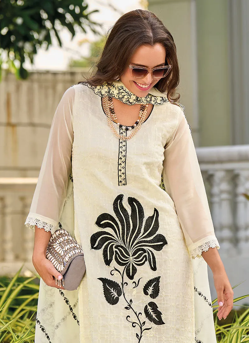 White Thread Embroidery Designer Pant Suit