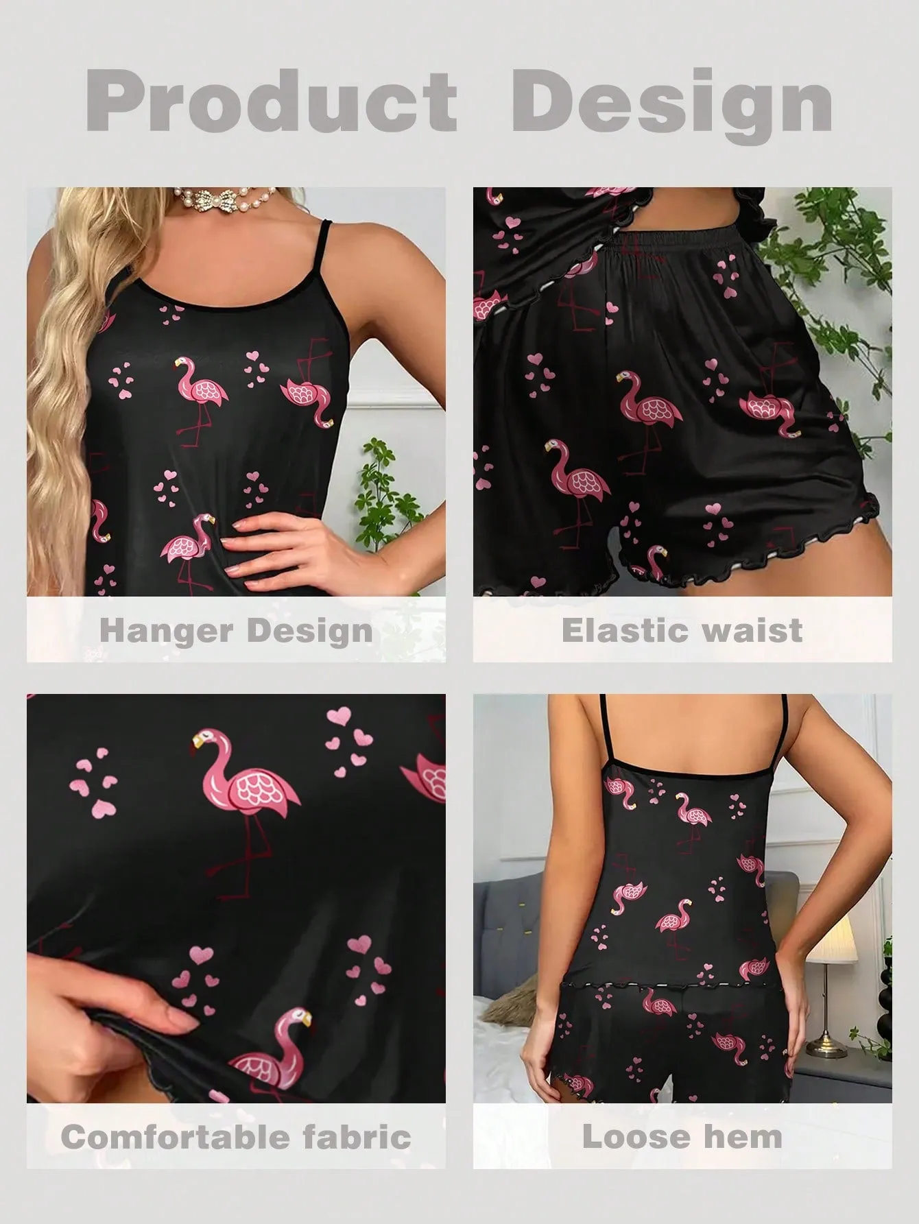 Women Pajamas Sleepwear Pajama 2pcs Set Camisole Shorts Flamingo Print Scoop Neck Cami Top Backless Lettuce Trim Ice Silk Comfortable Casual