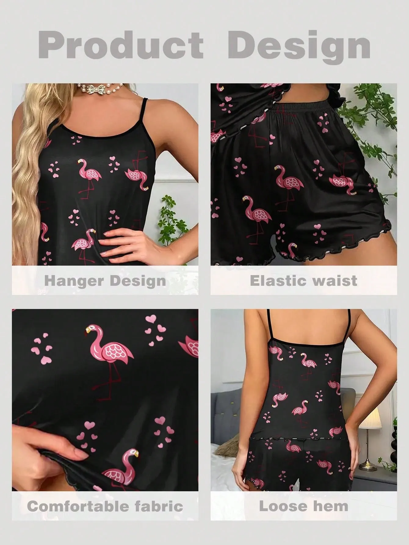 Women Pajamas Sleepwear Pajama 2pcs Set Camisole Shorts Flamingo Print Scoop Neck Cami Top Backless Lettuce Trim Ice Silk Comfortable Casual