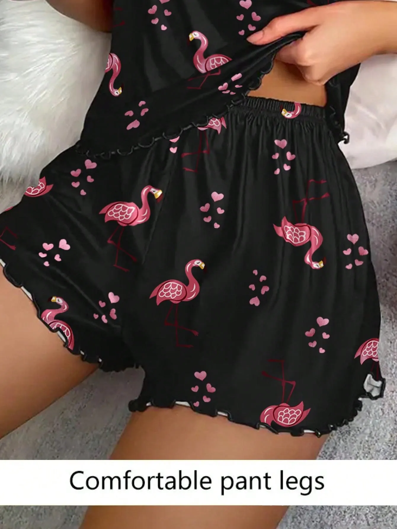 Women Pajamas Sleepwear Pajama 2pcs Set Camisole Shorts Flamingo Print Scoop Neck Cami Top Backless Lettuce Trim Ice Silk Comfortable Casual