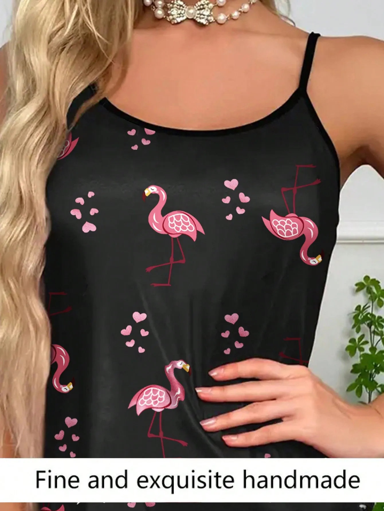 Women Pajamas Sleepwear Pajama 2pcs Set Camisole Shorts Flamingo Print Scoop Neck Cami Top Backless Lettuce Trim Ice Silk Comfortable Casual