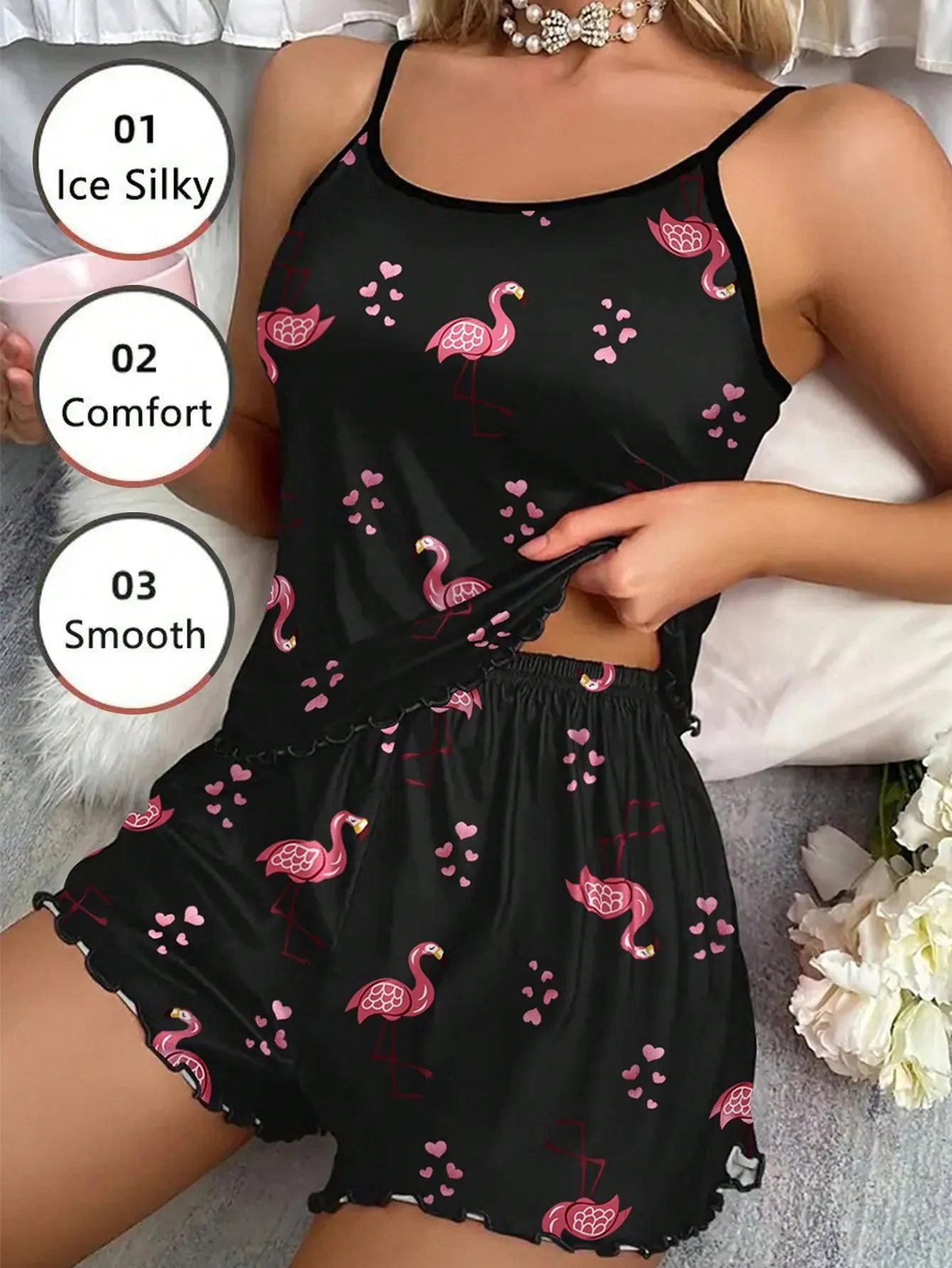 Women Pajamas Sleepwear Pajama 2pcs Set Camisole Shorts Flamingo Print Scoop Neck Cami Top Backless Lettuce Trim Ice Silk Comfortable Casual