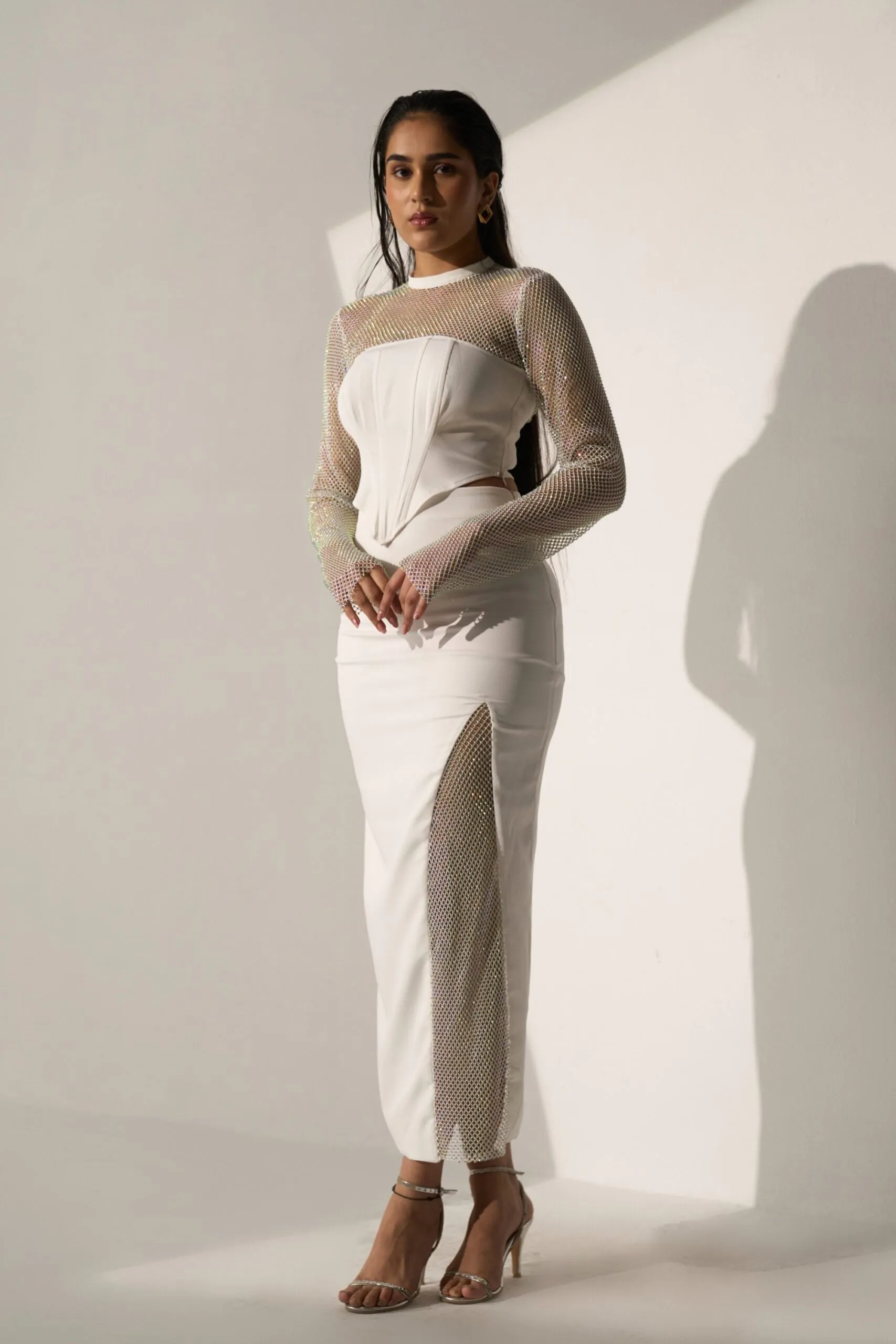 Women's White Crystal Mesh and a Slit skirt (SET)