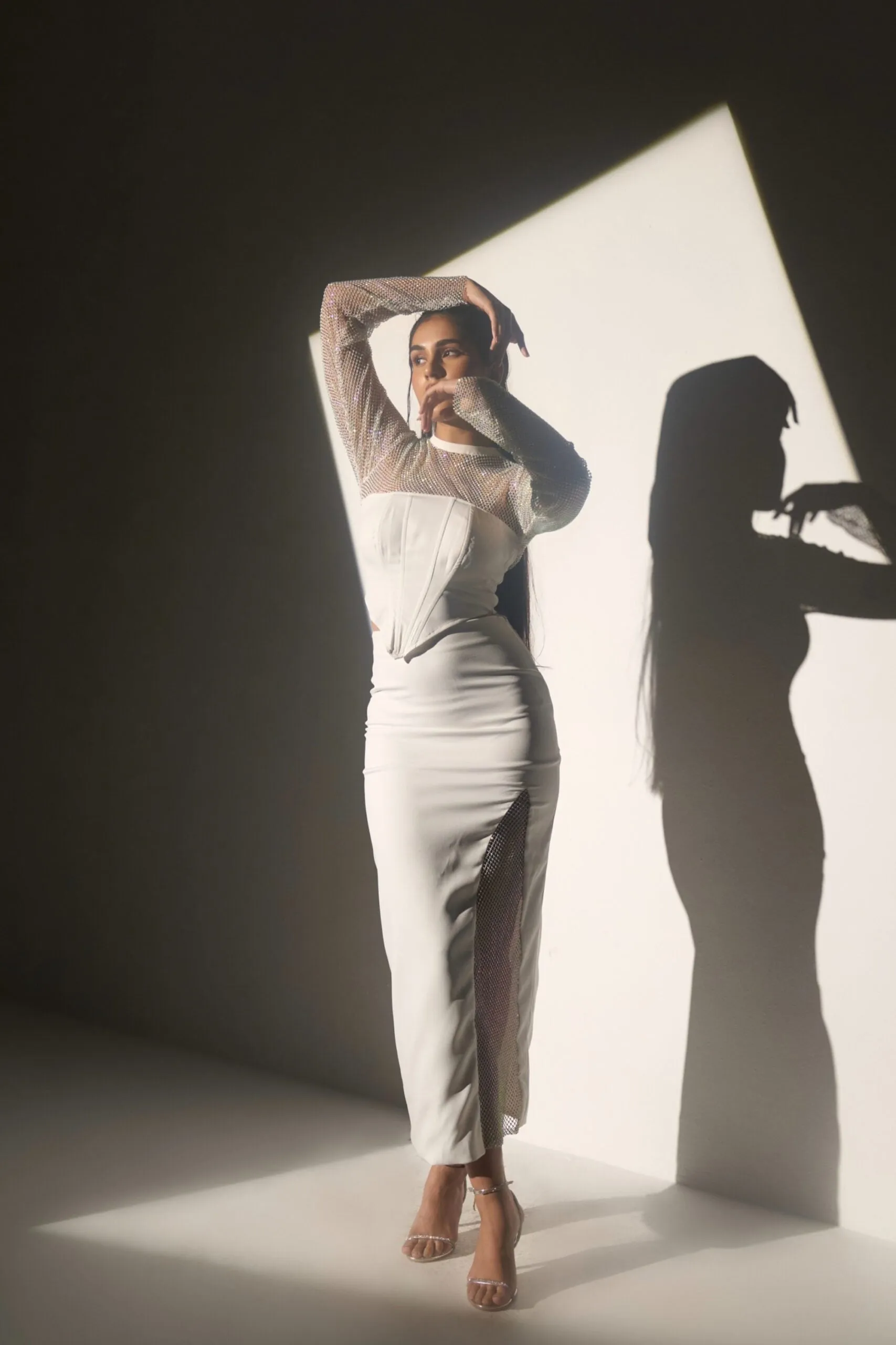 Women's White Crystal Mesh and a Slit skirt (SET)