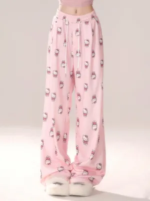 Young Eyes Y2K Kitty Cat Pink & White Elastic Gathered Waist Pants